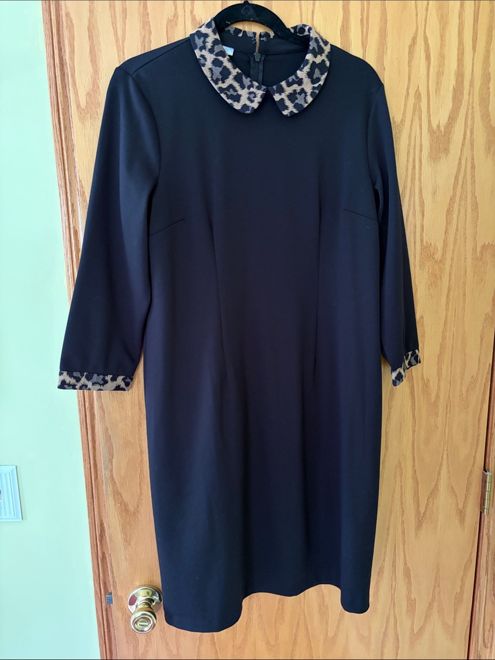 Talbots Black Midi Dress with Leopard Print Collar and Cuff